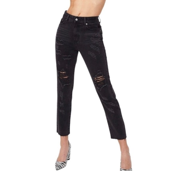 Nasty Gal NWT High Rise Ripped Distressed Faded Black Raw Hem Denim Jeans Size 8 - Picture 13 of 13